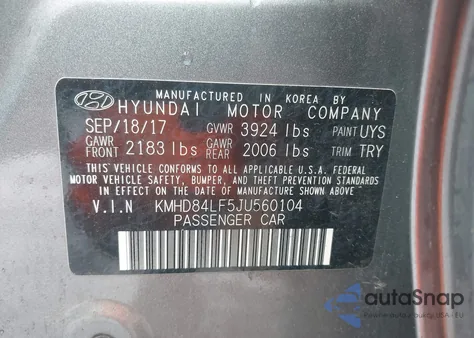 2018 Hyundai Elantra Sel z USA, uszkodzony, nr VIN KMHD84LF5JU560104